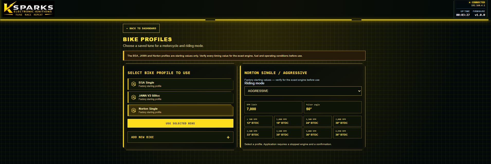 KSPARKS bike profiles screen with saved profiles and add new bike control
